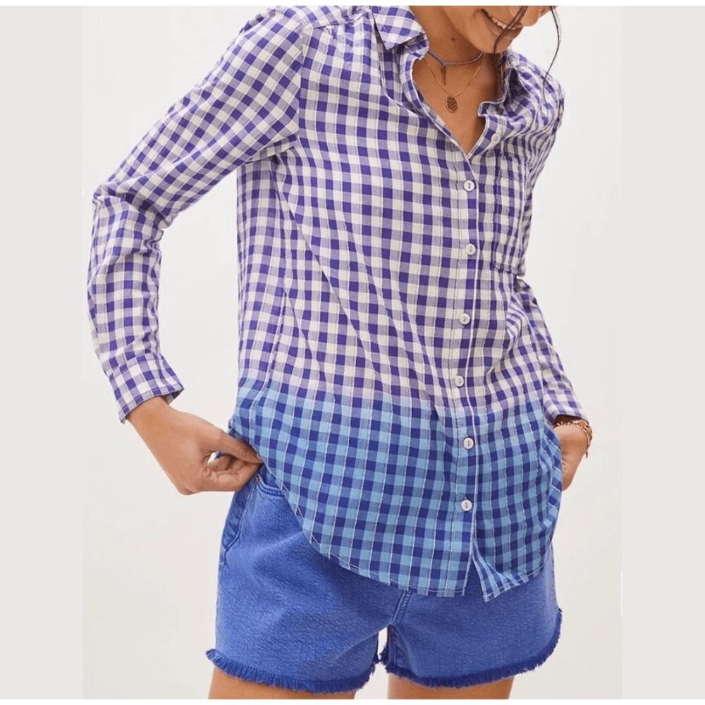 Pilcro Deb Blue White Gingham Button Up Top Women Medium Ombre Tunic Long Sleeve